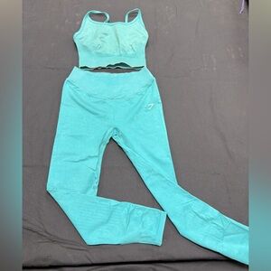 Acid-Wash Teal Gymshark Set (Low back Top and Leggings)